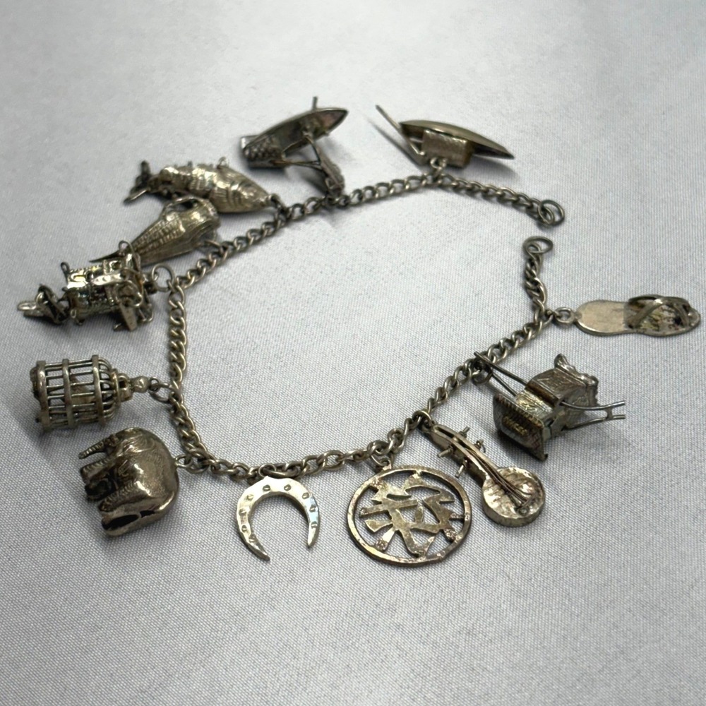 Vintage Chinese Export Silver 12 Charm Bracelet OS Silver Fair Articulated Fish - Picture 4 of 16